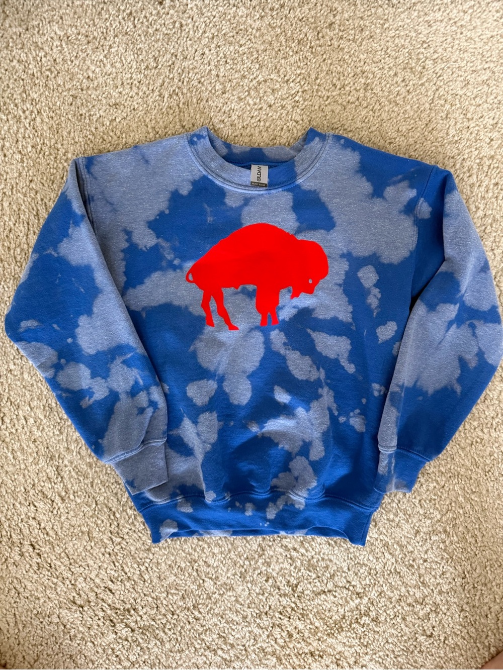 Bills Blue Tie-Dye Crewneck with Red Buffalo Graphic